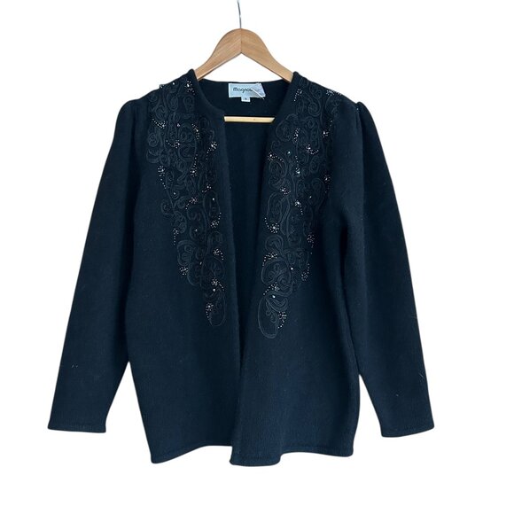 Vintage 90s Magnolia Black Beaded Applique Cardigan Lambswool Angora Sz S - Picture 1 of 5